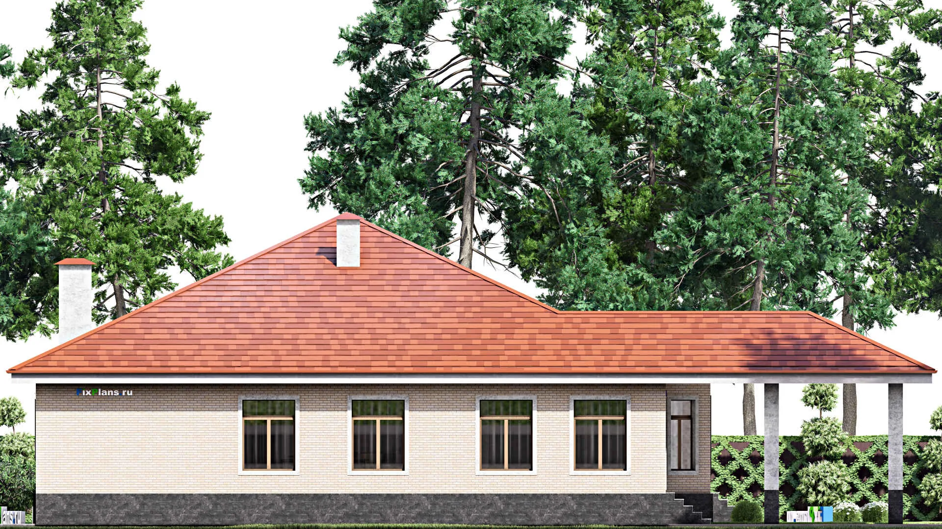 F-13940 - Проект одноэтажного дома 19 на 21, площадью 380 м² с террасой, цокольным этажом и 3 спальнями