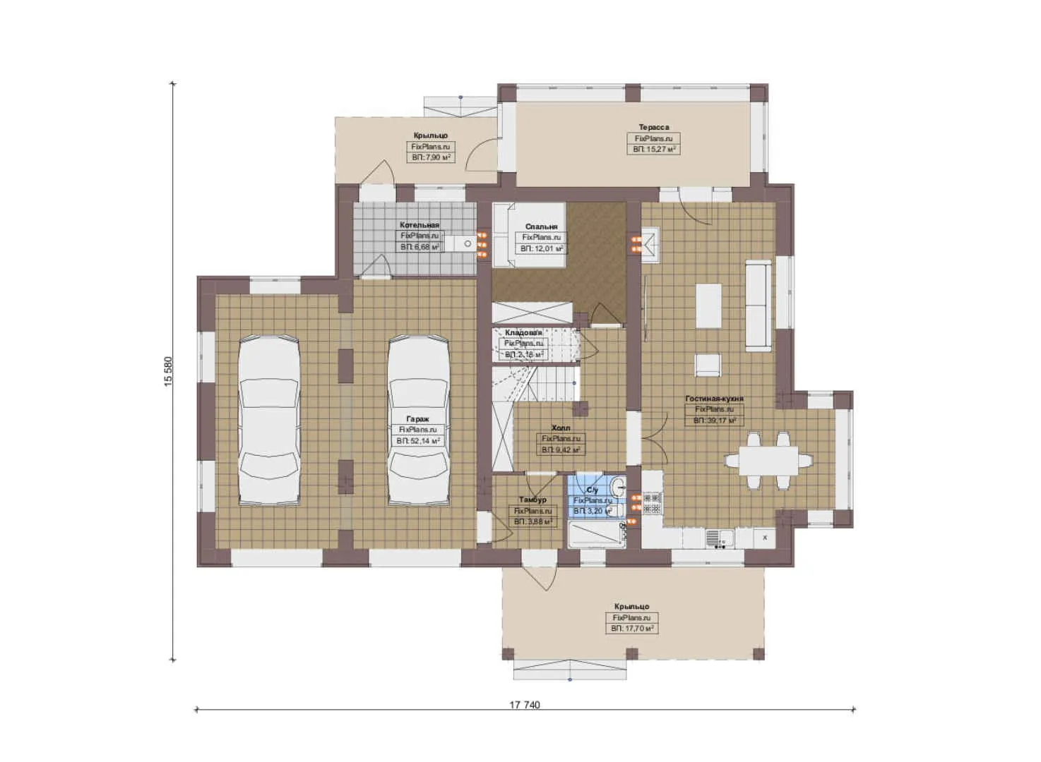 F-15191 - Планы двухэтажного дома 16 на 18, площадью 270 м² с террасой, гаражом на 2 машины и 4 спальнями
