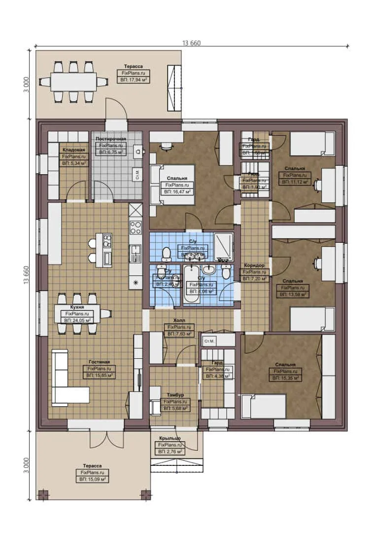 F-0953 - План одноэтажного дома 14 на 14, площадью 190 м² с террасой и 4 спальнями