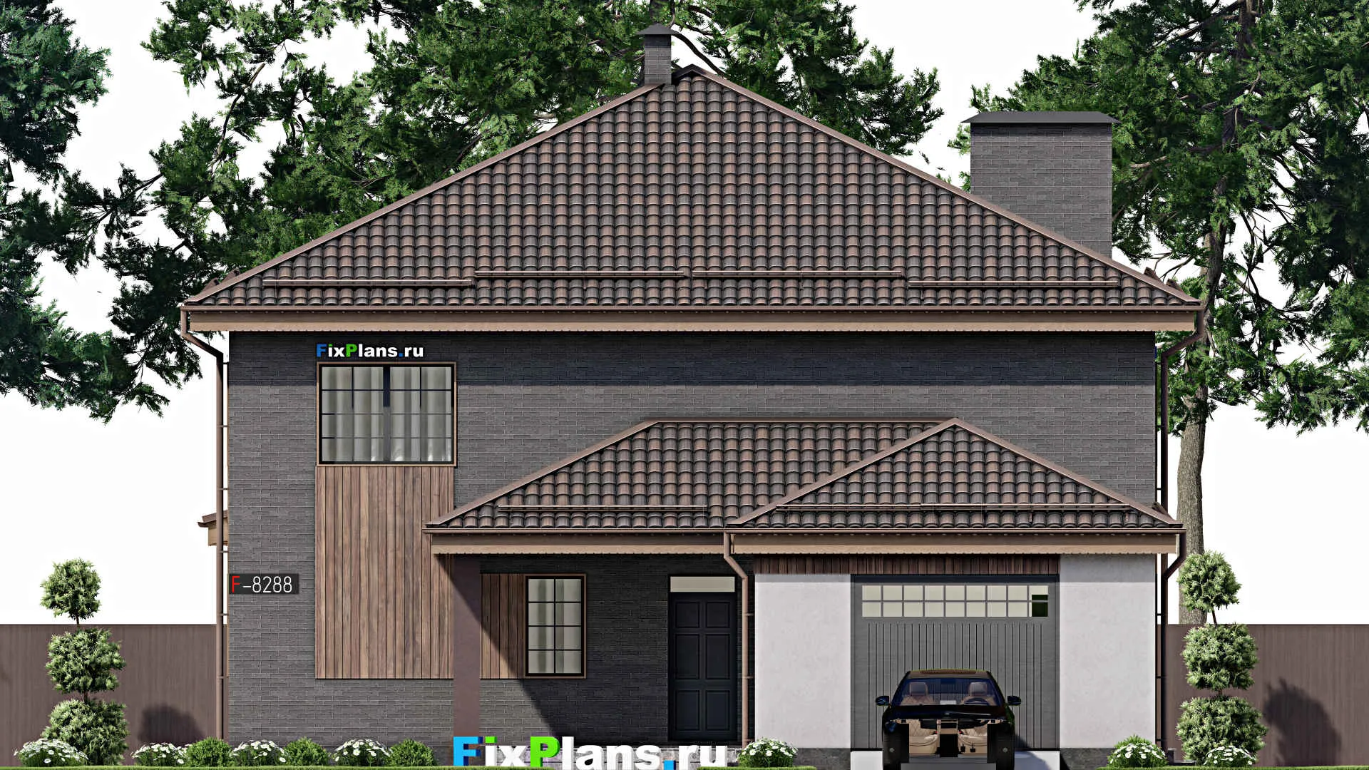 F-8288 - Проект двухэтажного дома 14 на 22, площадью 320 м² с террасой, гаражом на 1 машину и 5 спальнями