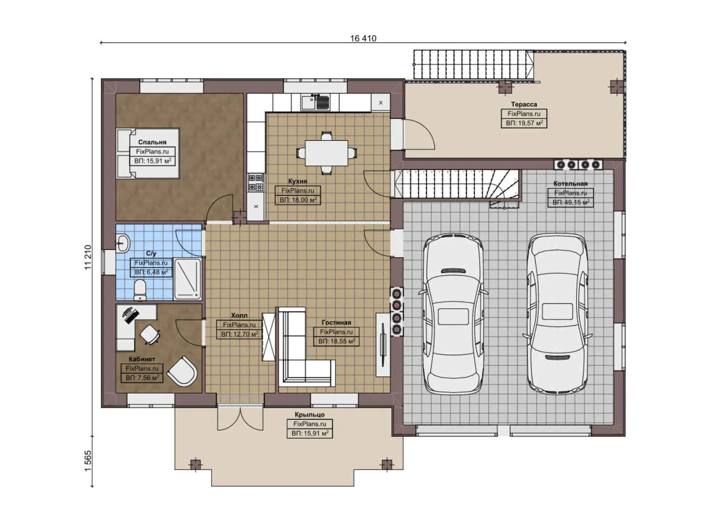 F-3122 - План одноэтажного дома 12 на 17, площадью 330 м² с террасой, цокольным этажом, баней, гаражом на 1 машину и 3 спальнями