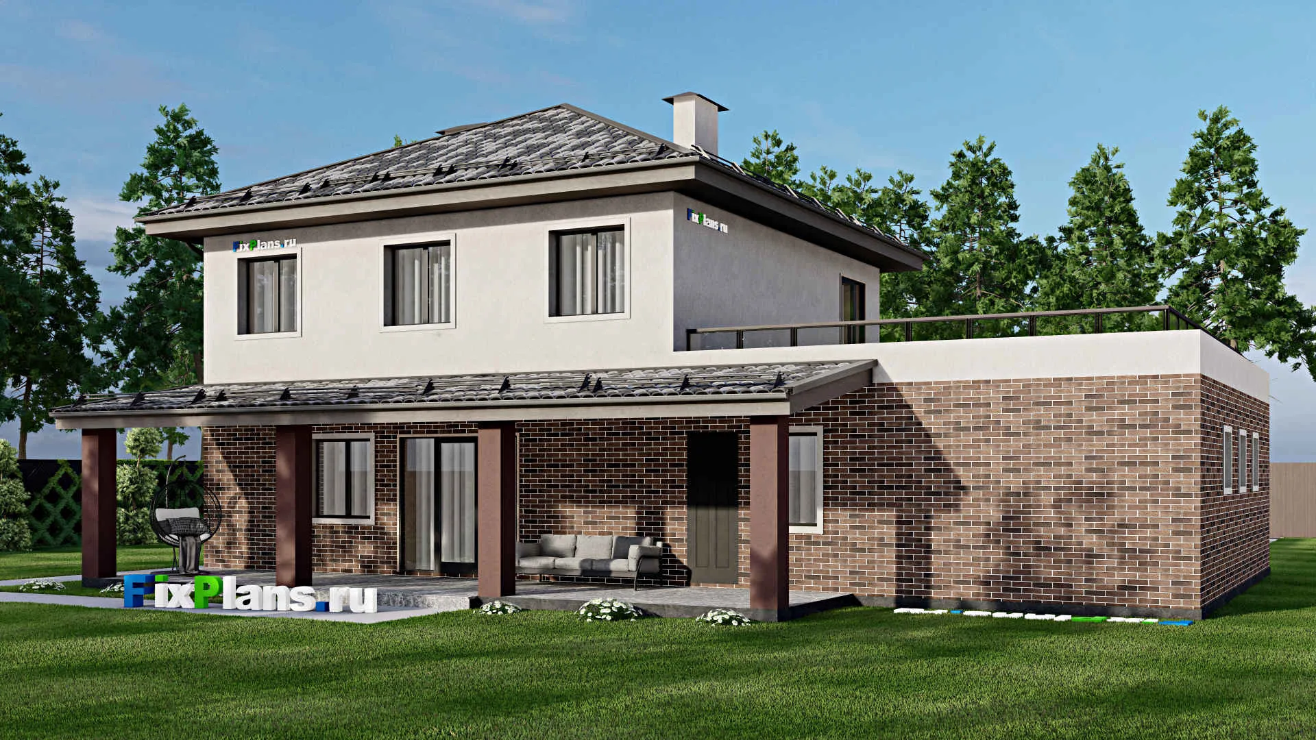 F-7838 - Проект двухэтажного дома 11 на 19, площадью 350 м² с террасой, балконом, гаражом на 2 машины и 4 спальнями