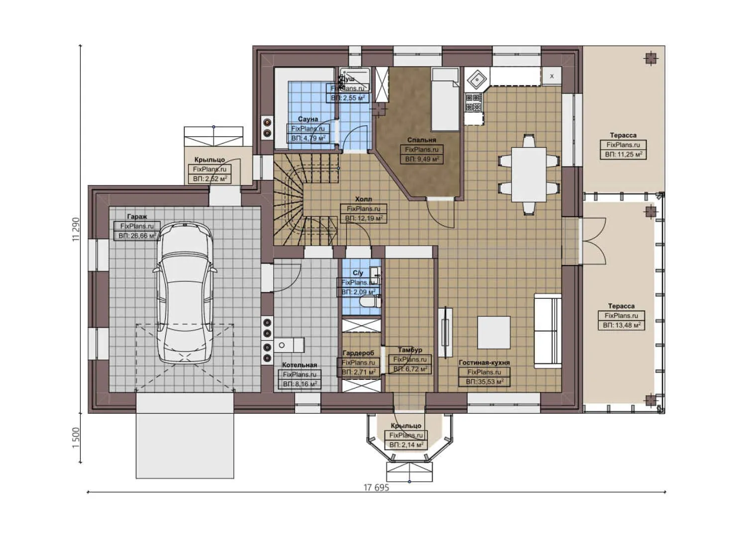 F-4625 - Планы дома с мансардой 13 на 18, площадью 230 м² с террасой, балконом, баней, гаражом на 1 машину и 3 спальнями