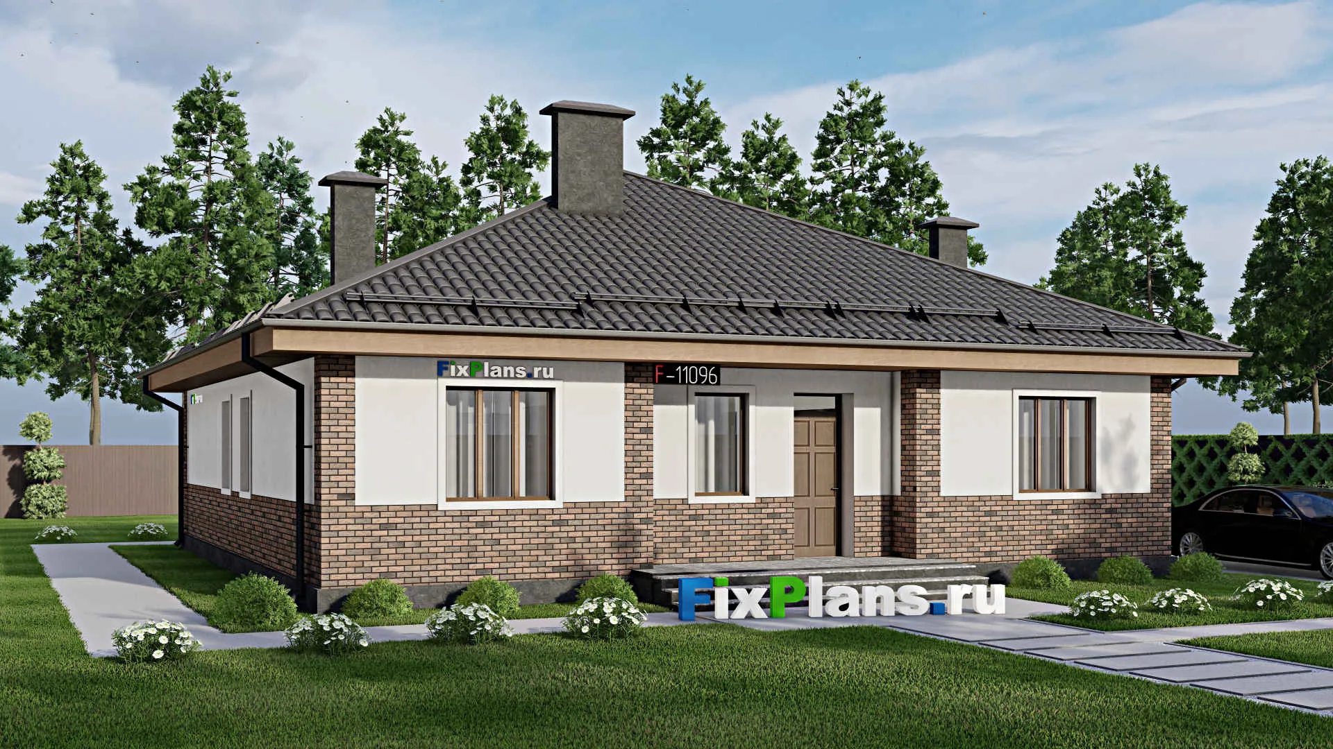 F-11096 - Проект одноэтажного дома 14 на 15, площадью 150 м² с террасой и 4 спальнями