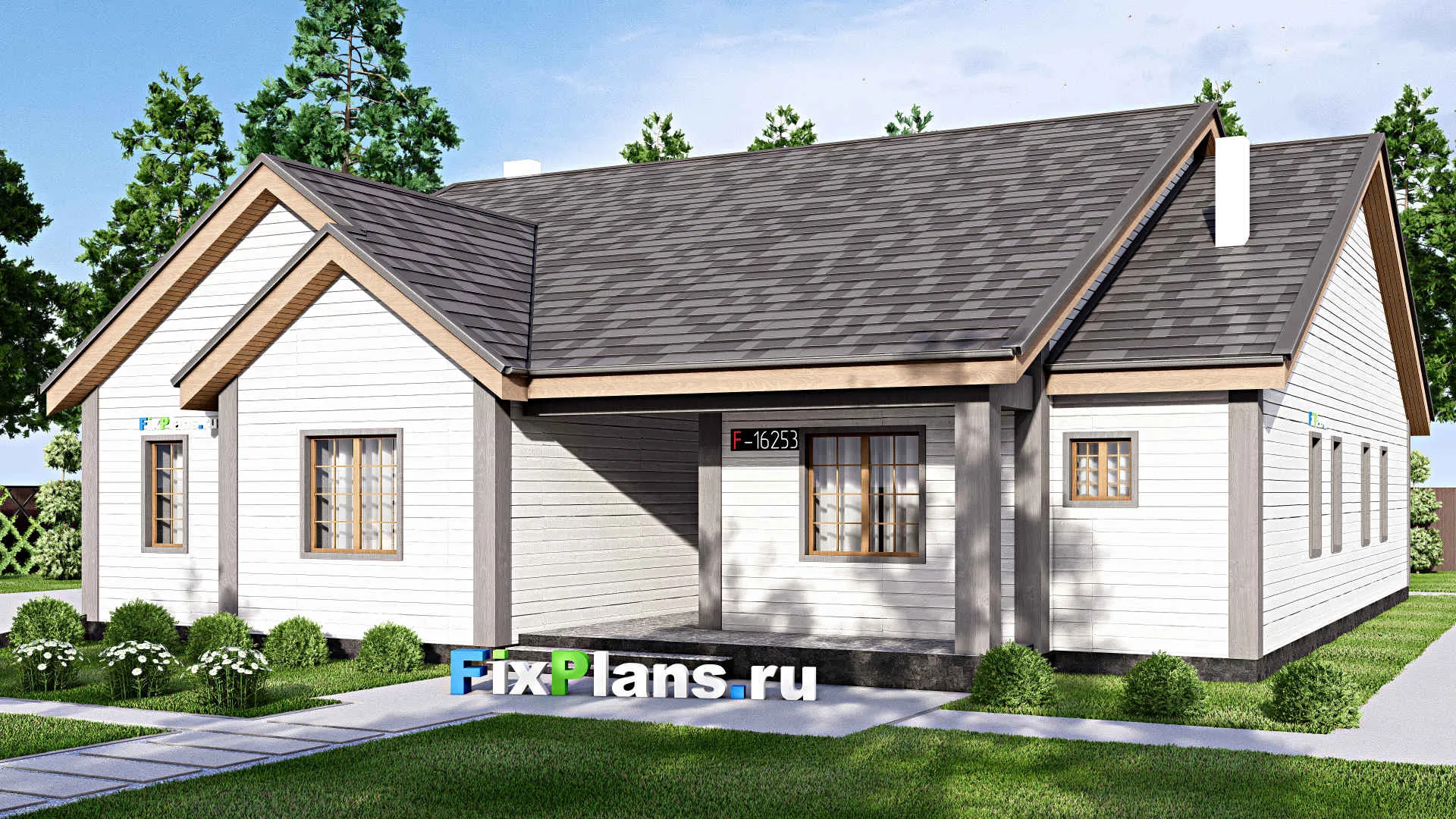 F-16253 - Проект одноэтажного дома 17 на 21, площадью 500 м² с террасой, гаражом на 2 машины и 3 спальнями