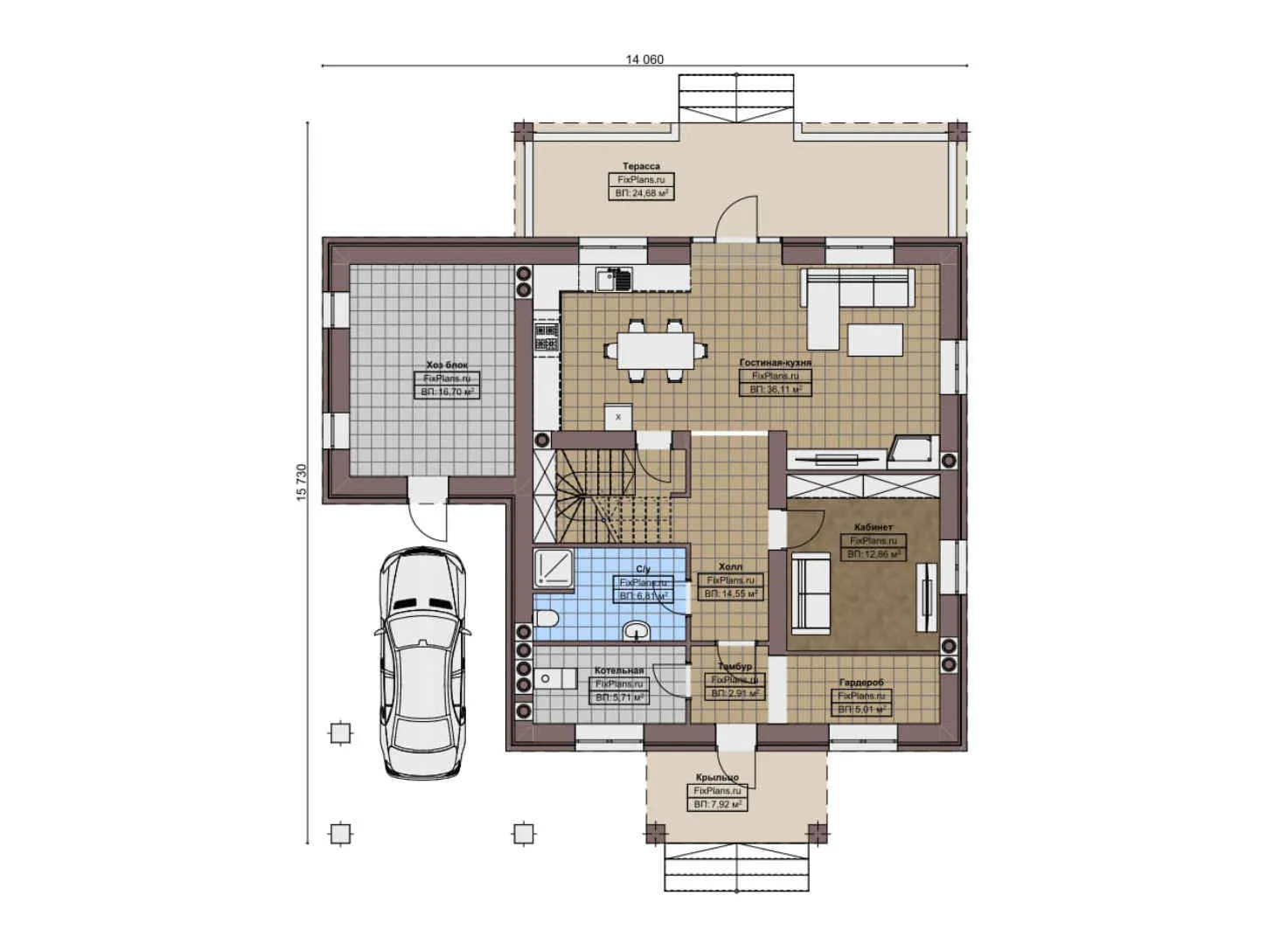 F-8360 - Планы двухэтажного дома 15 на 16, площадью 220 м² с террасой и 3 спальнями