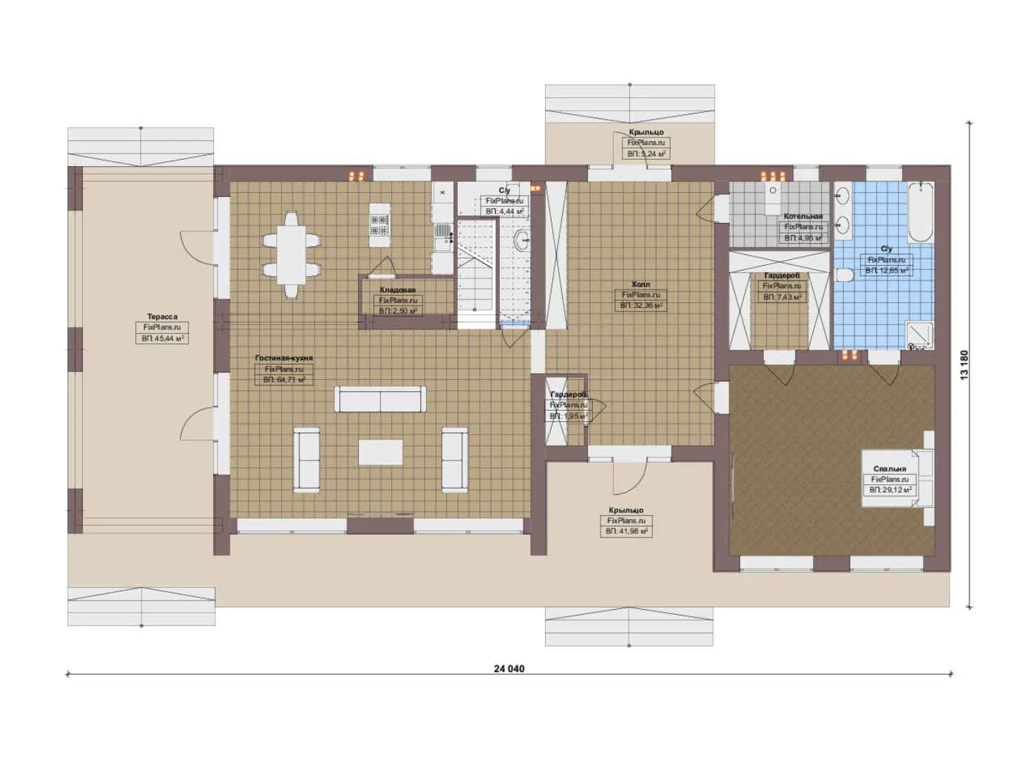 F-16838 - План одноэтажного дома 14 на 25, площадью 380 м² с террасой, балконом и 4 спальнями
