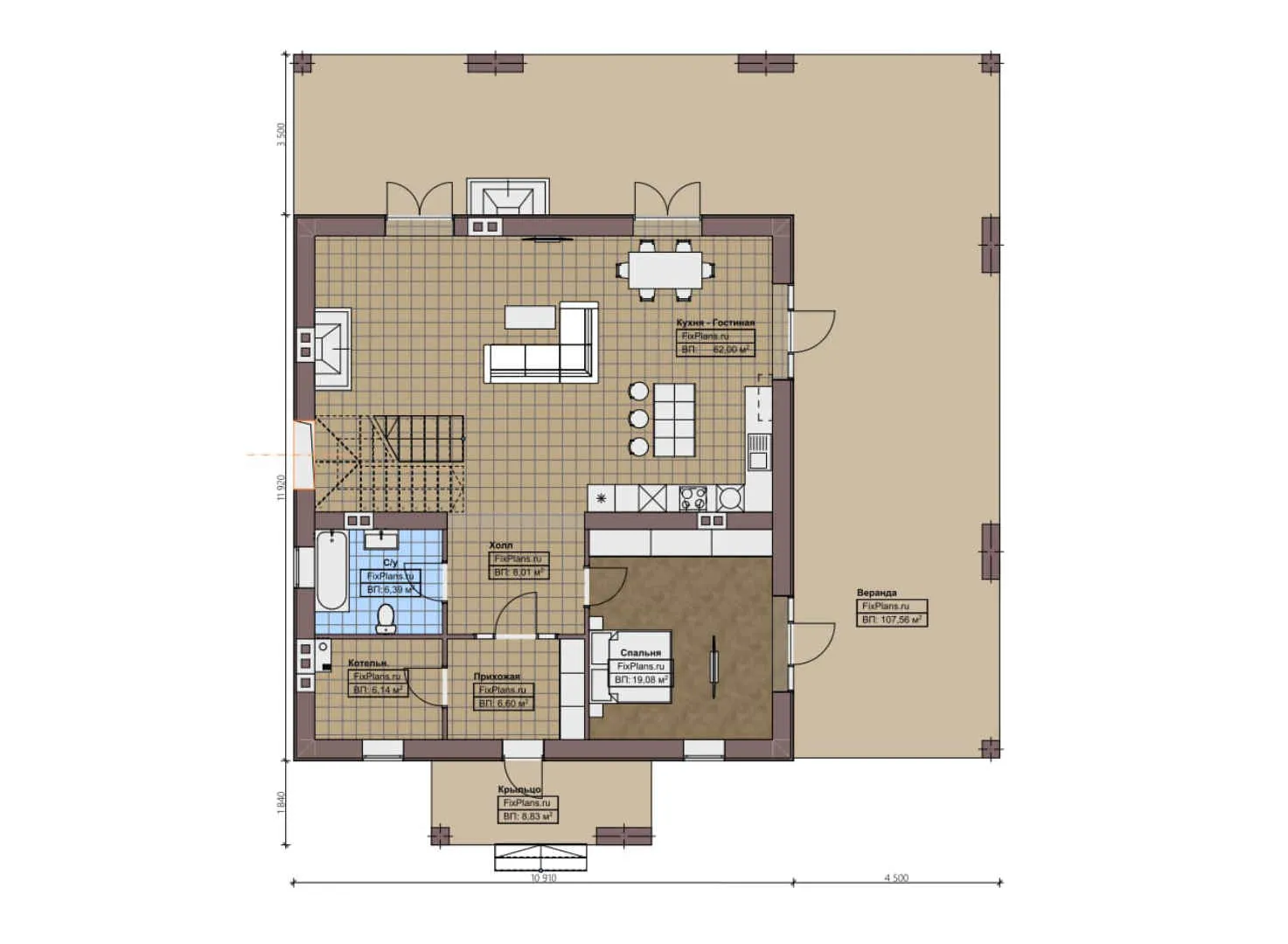 F-1502 - Планы дома с мансардой 11 на 12, площадью 420 м² с террасой, балконом и 4 спальнями
