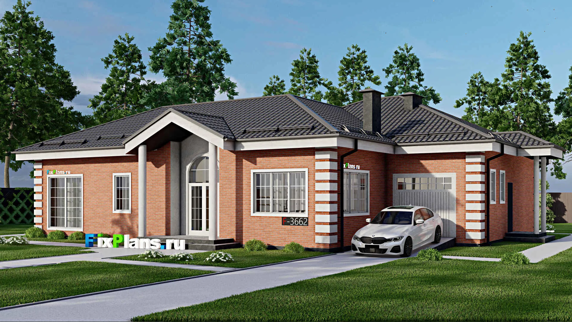 F-3662 - Проект одноэтажного дома 15 на 19, площадью 210 м² с террасой, гаражом на 1 машину и 3 спальнями