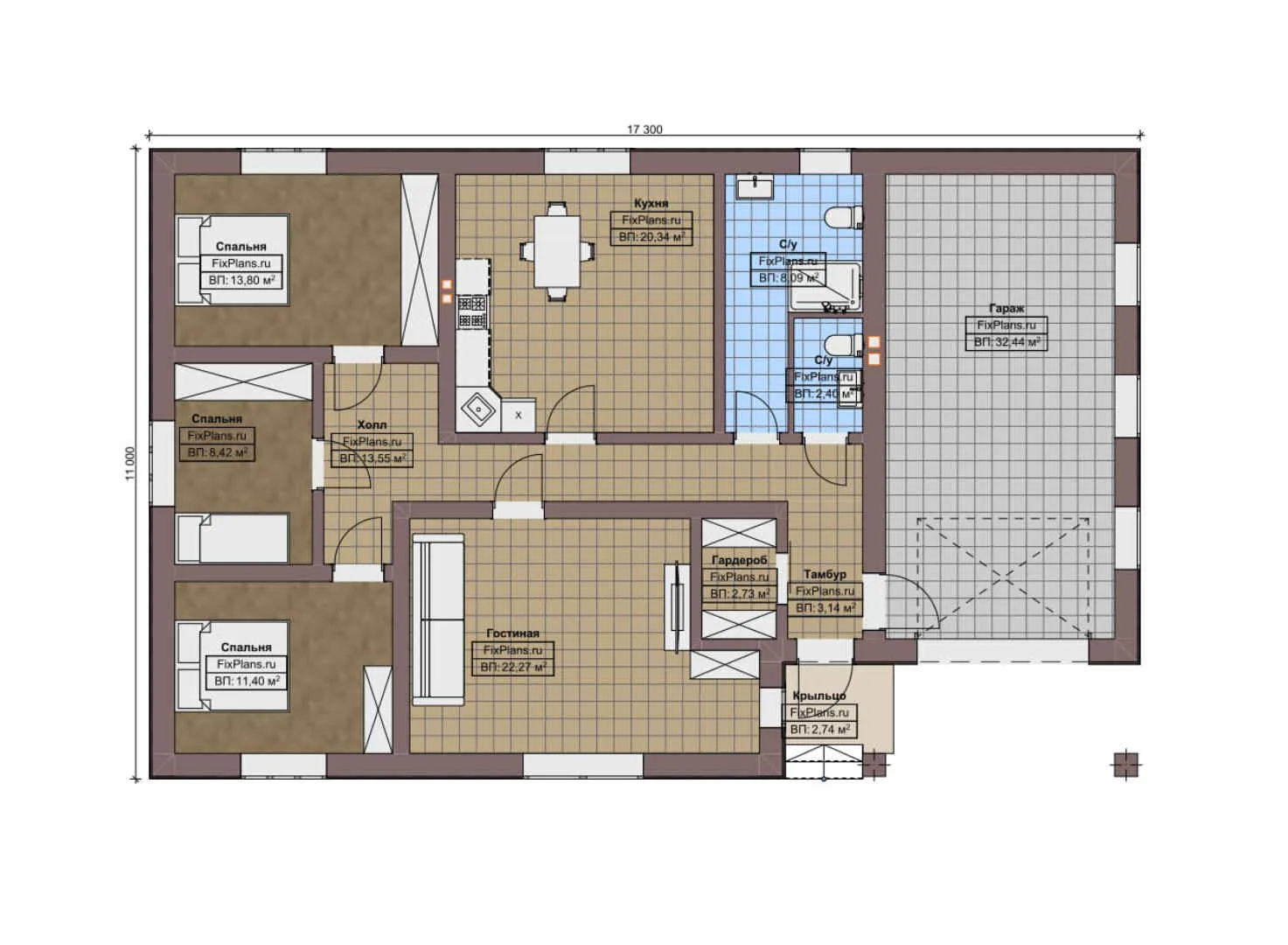 F-5192 - План одноэтажного дома 11 на 18, площадью 150 м² с гаражом на 1 машину и 3 спальнями