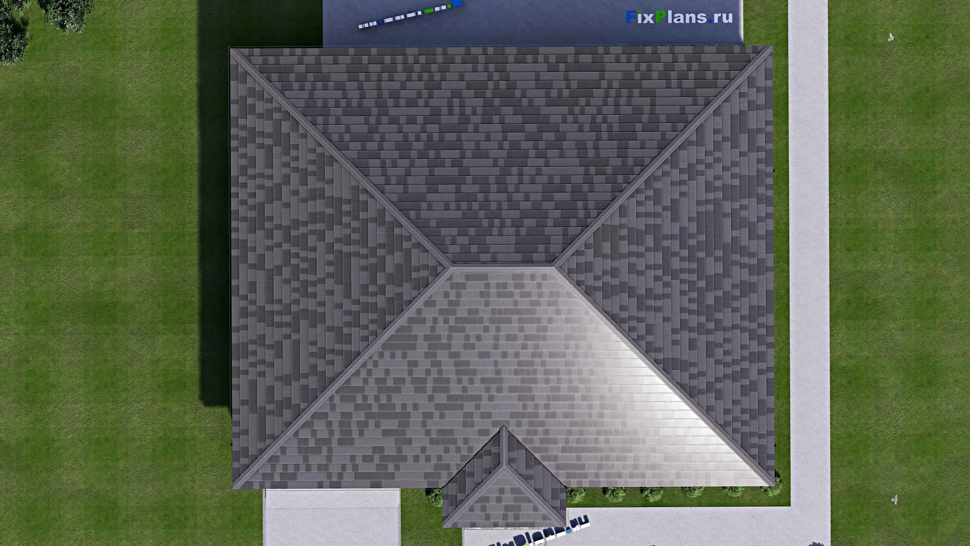 F-12914 - Проект одноэтажного дома 17 на 20, площадью 360 м² с террасой, цокольным этажом, баней, гаражом на 1 машину и 2 спальнями