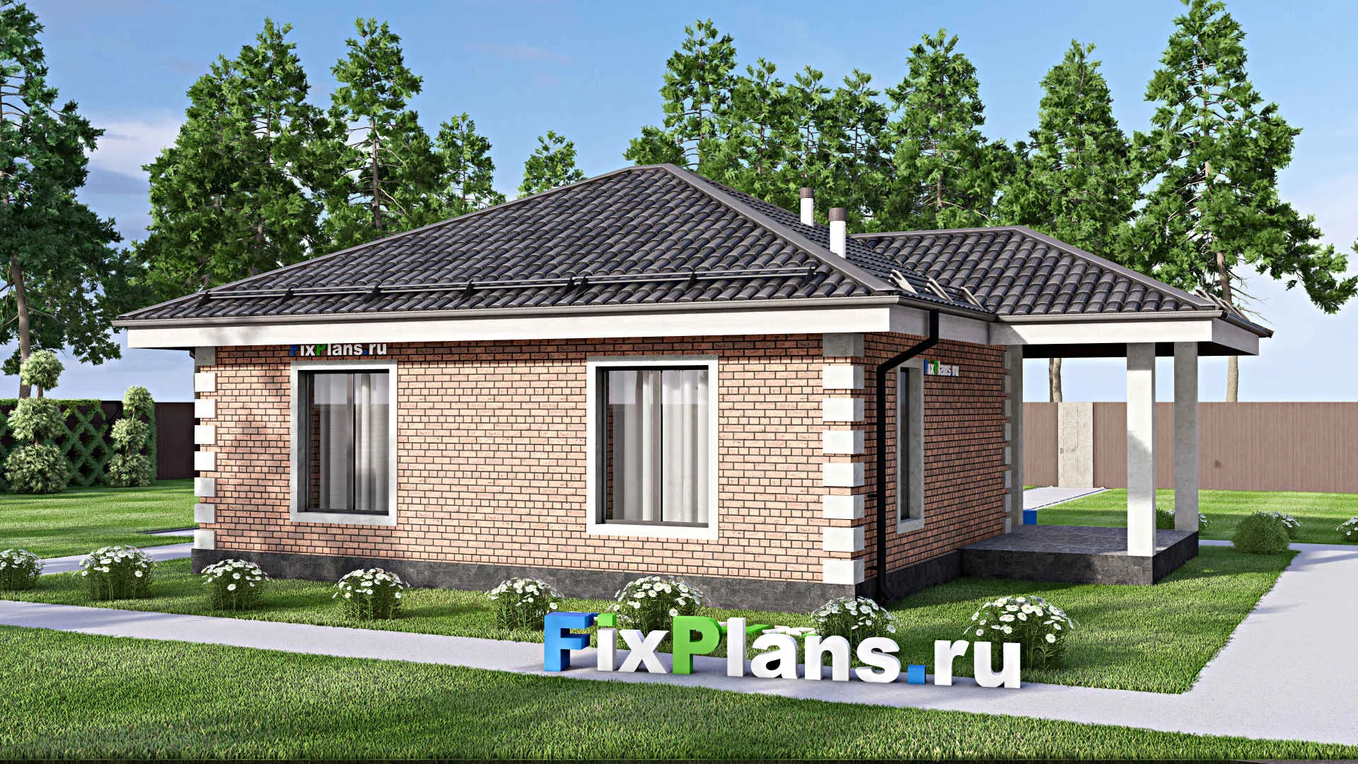 F-12878 - Проект одноэтажного дома 9 на 12, площадью 80 м² с террасой и 2 спальнями