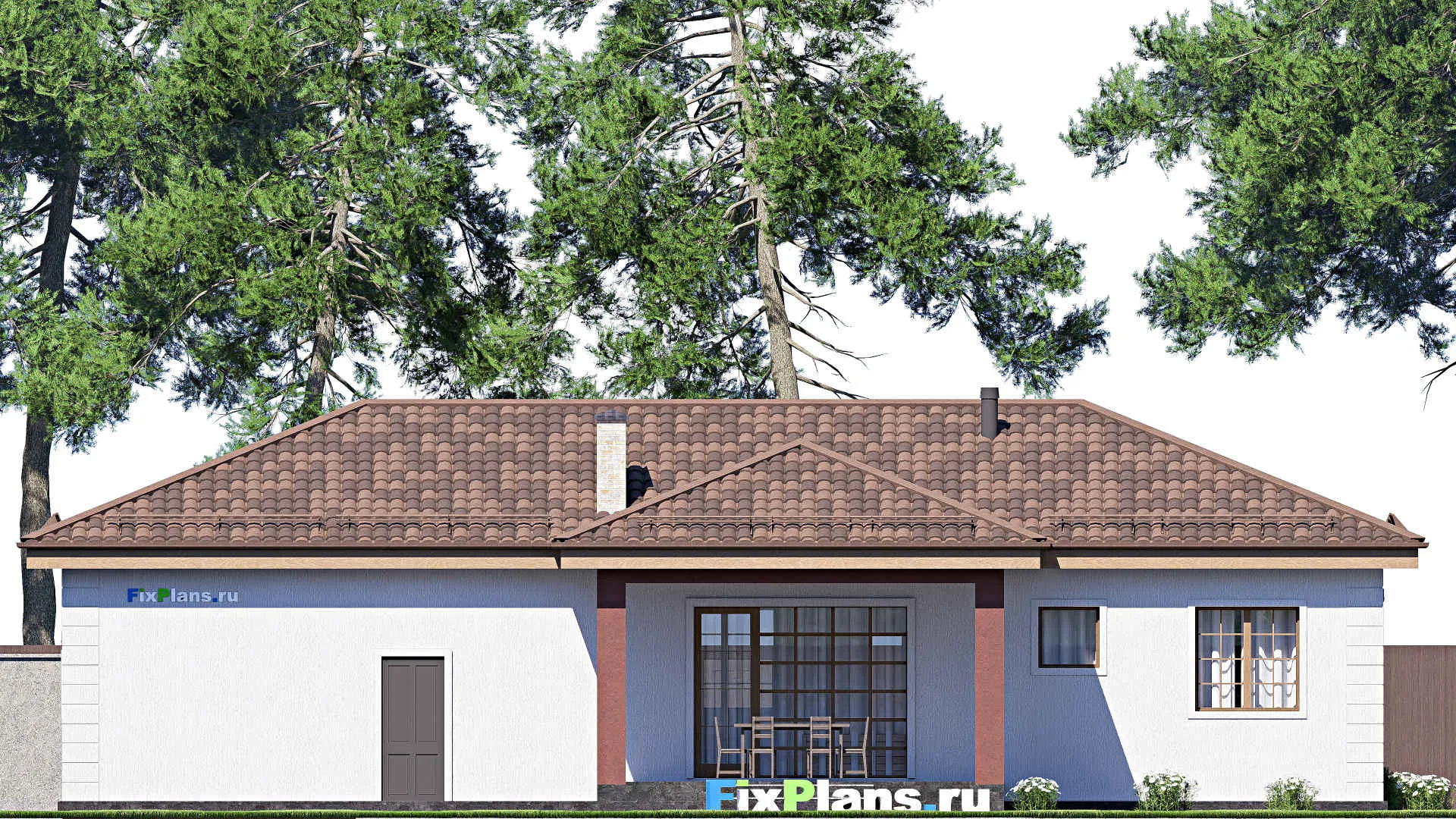 F-19979 - Проект одноэтажного дома 12 на 19, площадью 150 м² с террасой, гаражом на 2 машины и 2 спальнями