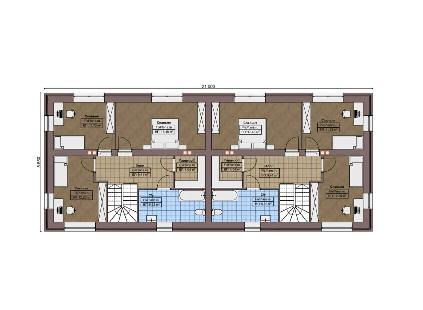 F-6911 - Планы двухэтажного дома 12 на 24, площадью 290 м² с 6 спальнями