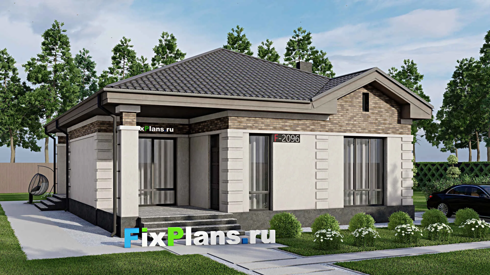 F-2096 - Проект одноэтажного дома 12 на 16, площадью 140 м² с террасой и 3 спальнями