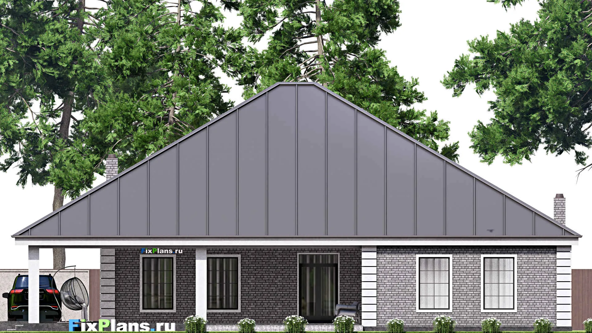 F-16946 - Проект одноэтажного дома 21 на 28, площадью 420 м² с террасой, гаражом на 2 машины и 3 спальнями