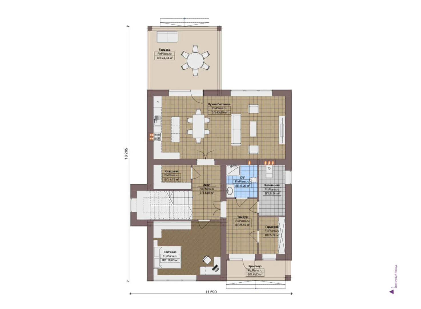 F-19430 - Планы двухэтажного дома 12 на 19, площадью 240 м² с террасой и 3 спальнями
