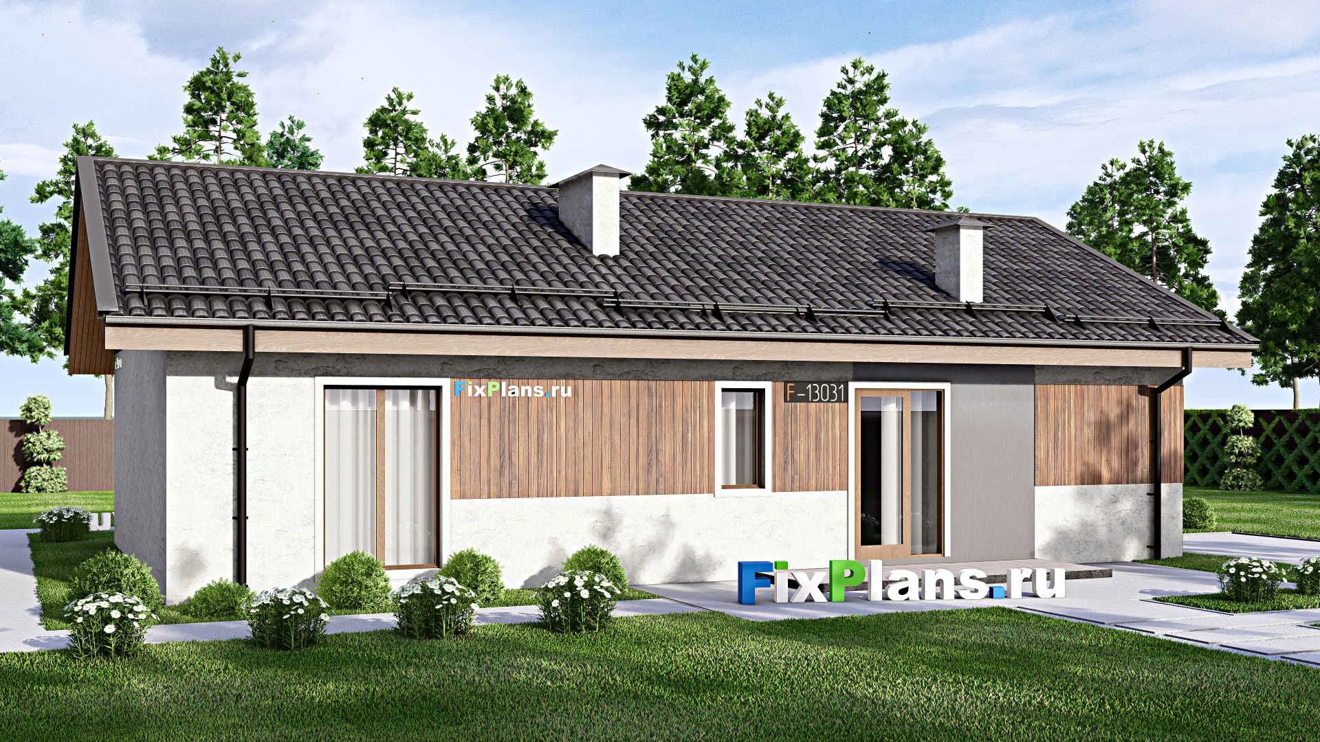 F-13031 - Проект одноэтажного дома 14 на 15, площадью 130 м² с террасой и 3 спальнями