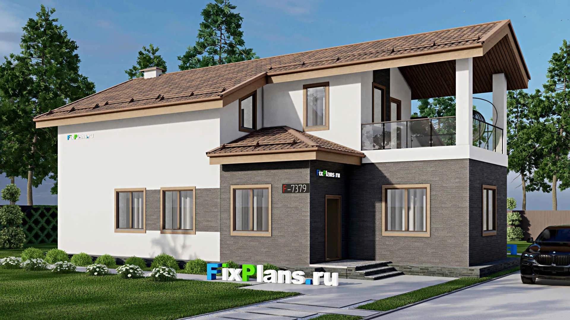 F-7379 - Проект дома с мансардой 11 на 17, площадью 180 м² с балконом и 3 спальнями