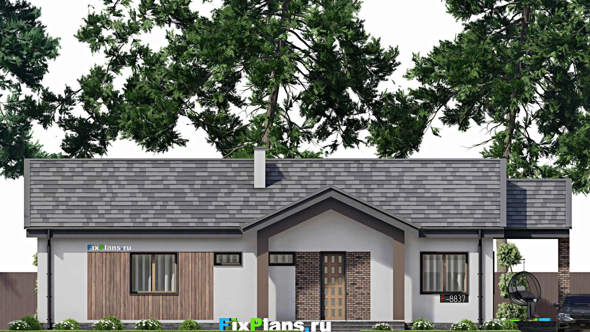 F-8837 - План одноэтажного дома 11 на 19, площадью 140 м² с террасой и 4 спальнями