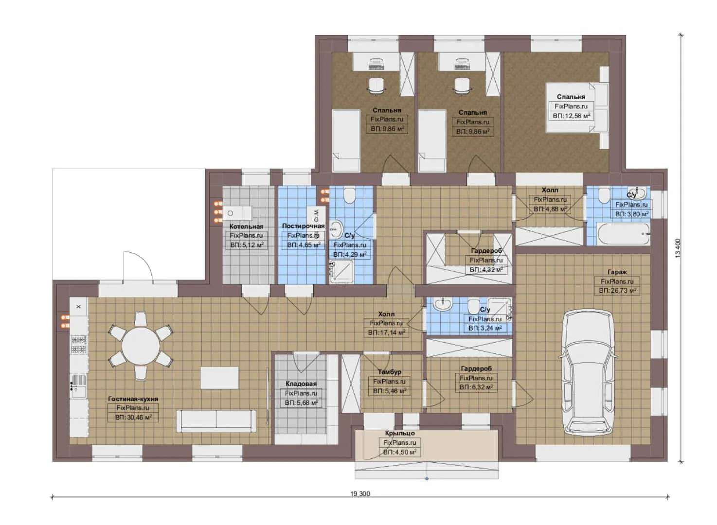 F-13769 - План одноэтажного дома 14 на 20, площадью 160 м² с гаражом на 1 машину и 3 спальнями