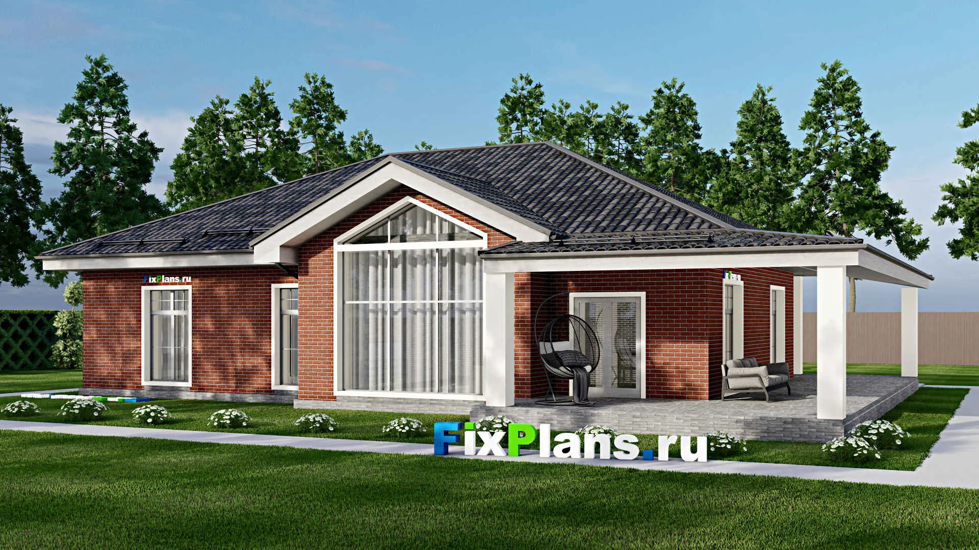 F-5885 - Проект одноэтажного дома 13 на 17, площадью 220 м² с террасой и 3 спальнями