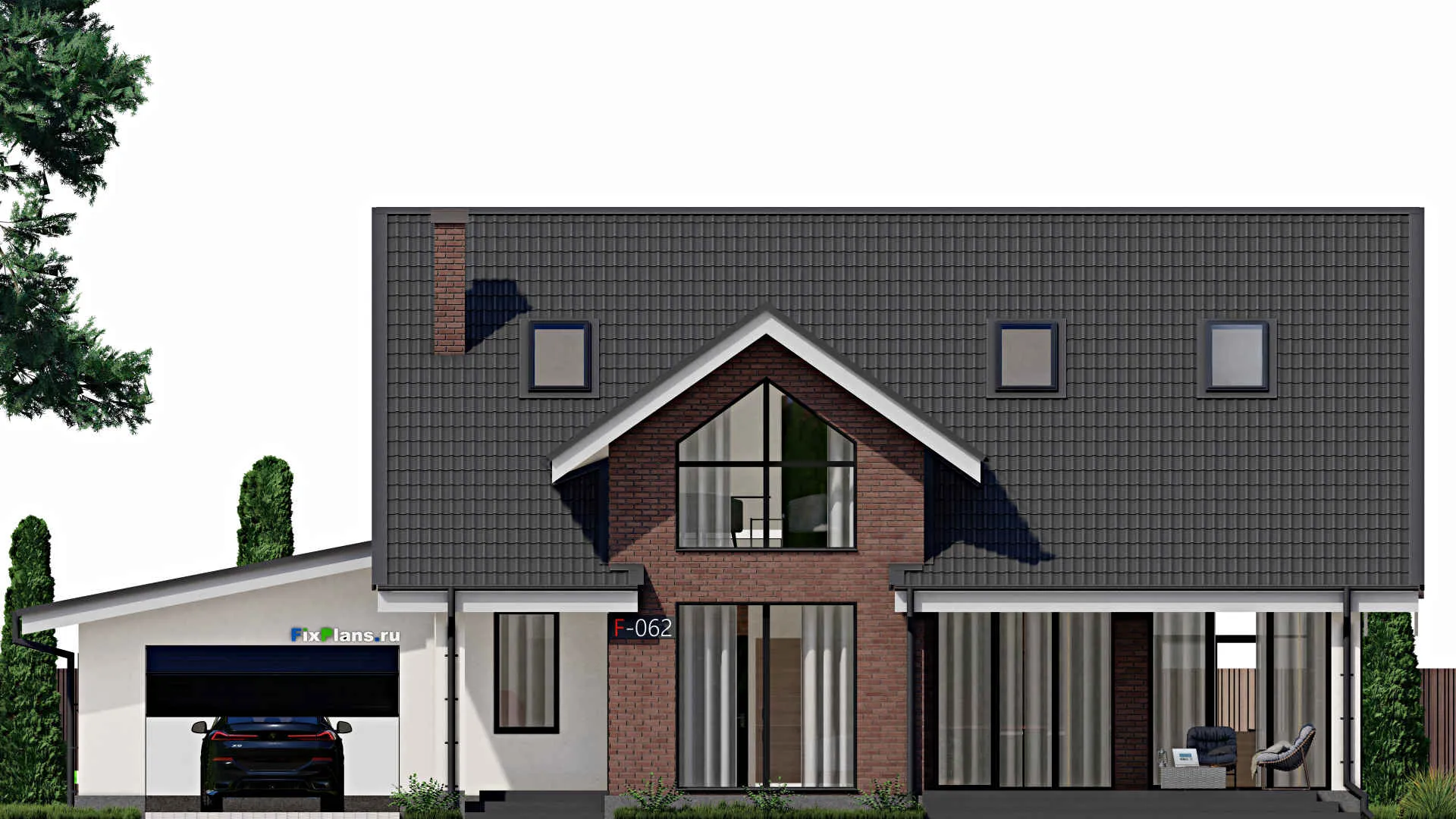 F-0062 - Планы дома с мансардой 14 на 18, площадью 280 м² с террасой, гаражом на 2 машины и 3 спальнями