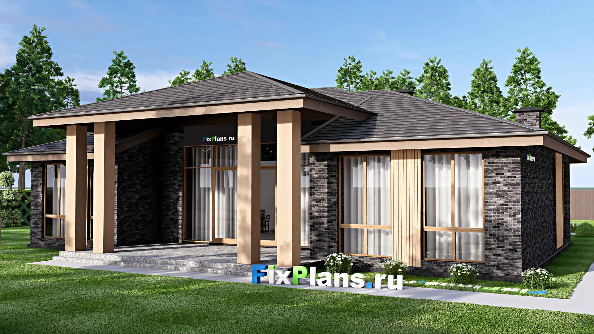 F-13580 - Проект одноэтажного дома 19 на 22, площадью 310 м² с гаражом на 2 машины и 3 спальнями