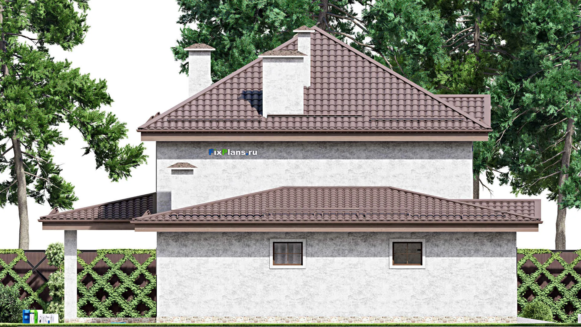 F-13436 - Проект двухэтажного дома 14 на 15, площадью 210 м² с террасой, баней, гаражом на 1 машину и 3 спальнями