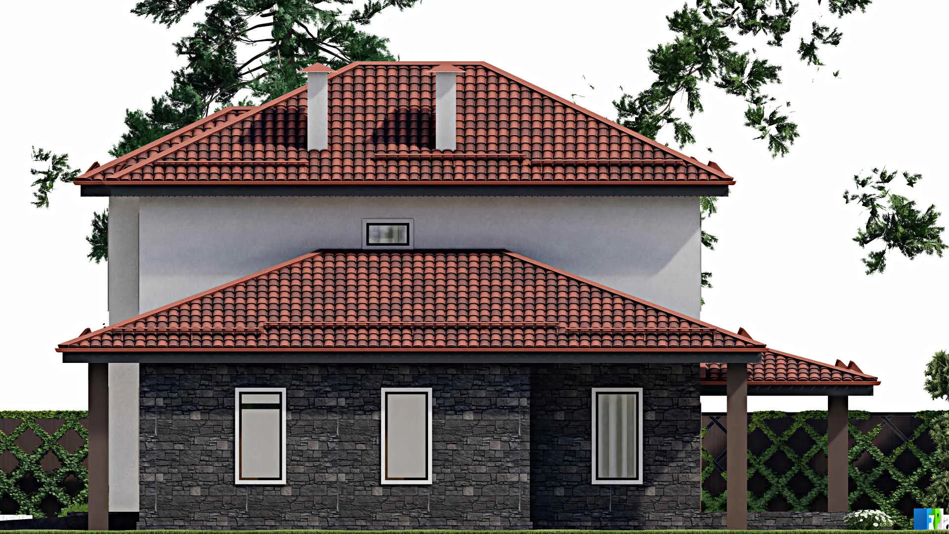 F-4247 - Проект двухэтажного дома 15 на 16, площадью 200 м² с террасой, гаражом на 1 машину и 4 спальнями