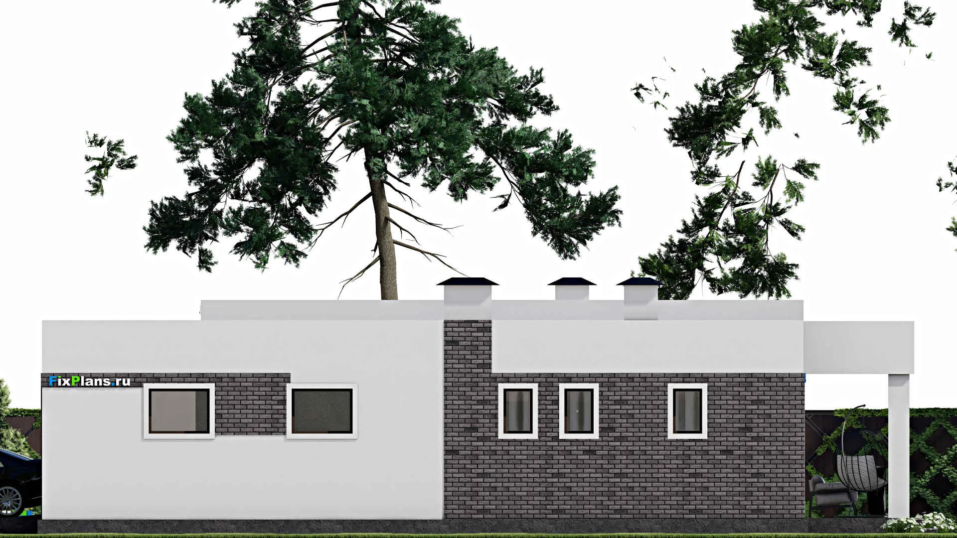 F-8972 - Проект одноэтажного дома 13 на 17, площадью 150 м² с террасой, гаражом на 1 машину и 2 спальнями