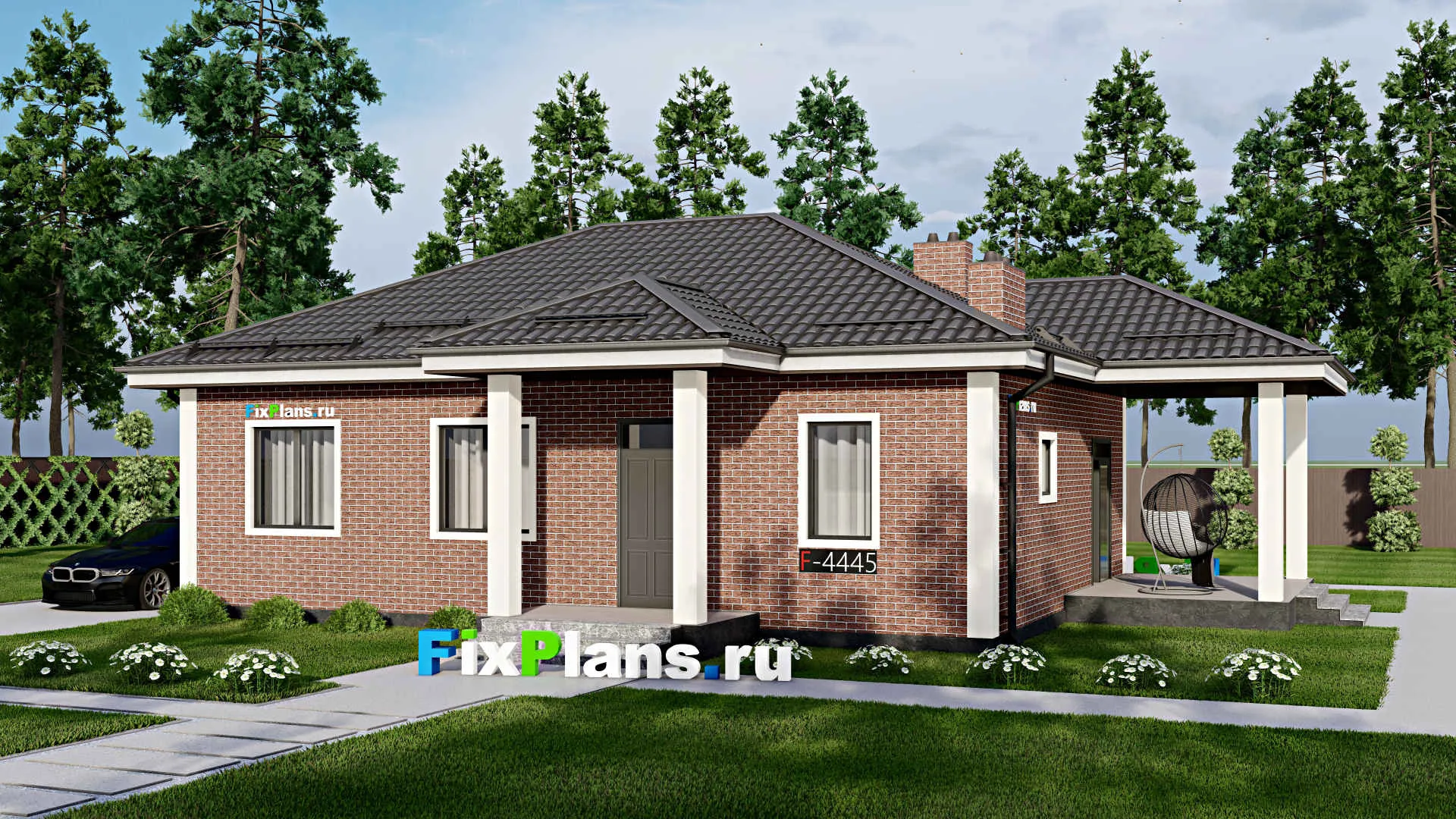 F-4445 - Проект одноэтажного дома 10 на 13, площадью 110 м² с террасой и 3 спальнями