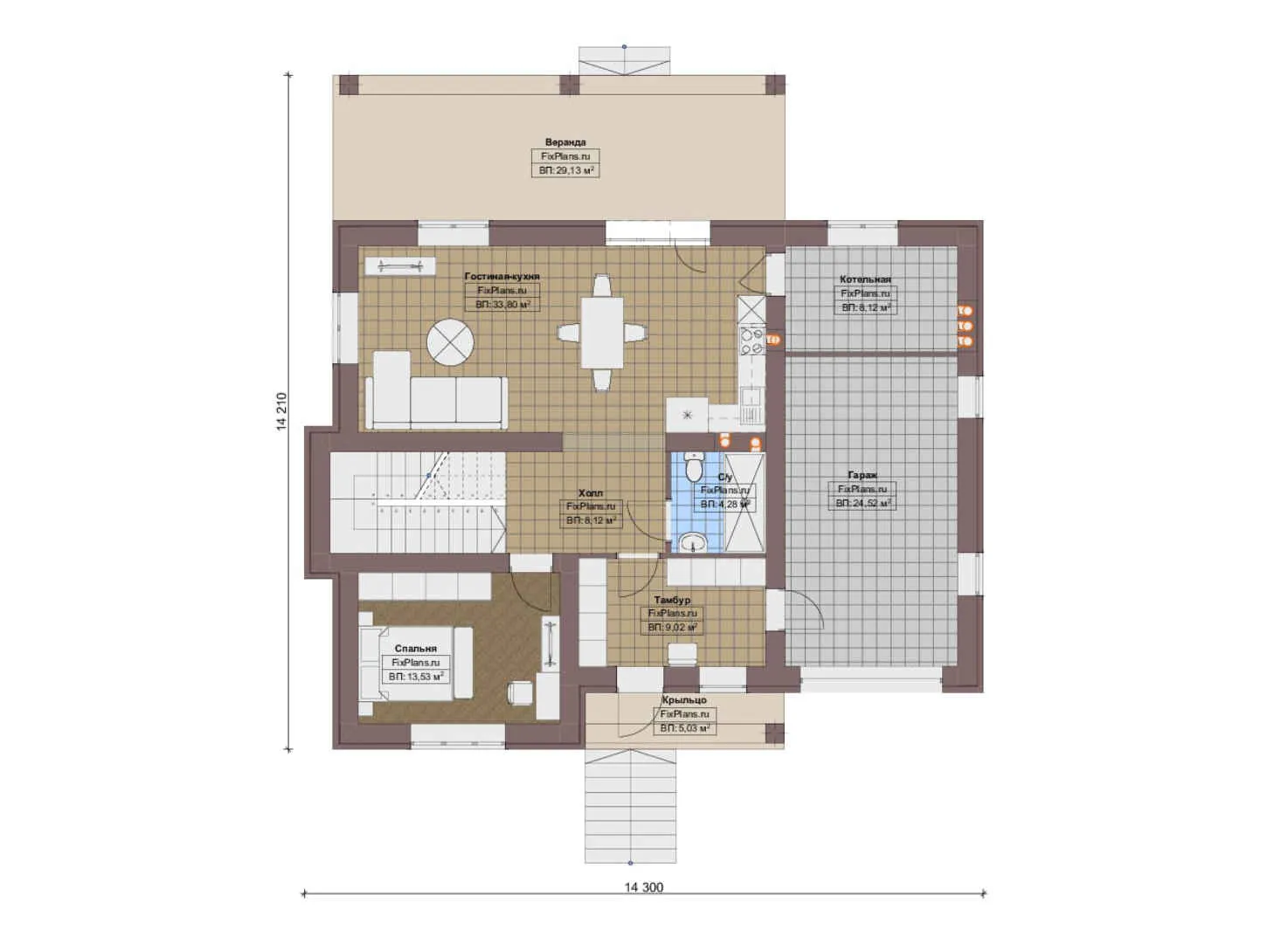 F-19412 - Планы двухэтажного дома 15 на 15, площадью 210 м² с террасой, гаражом на 1 машину и 4 спальнями