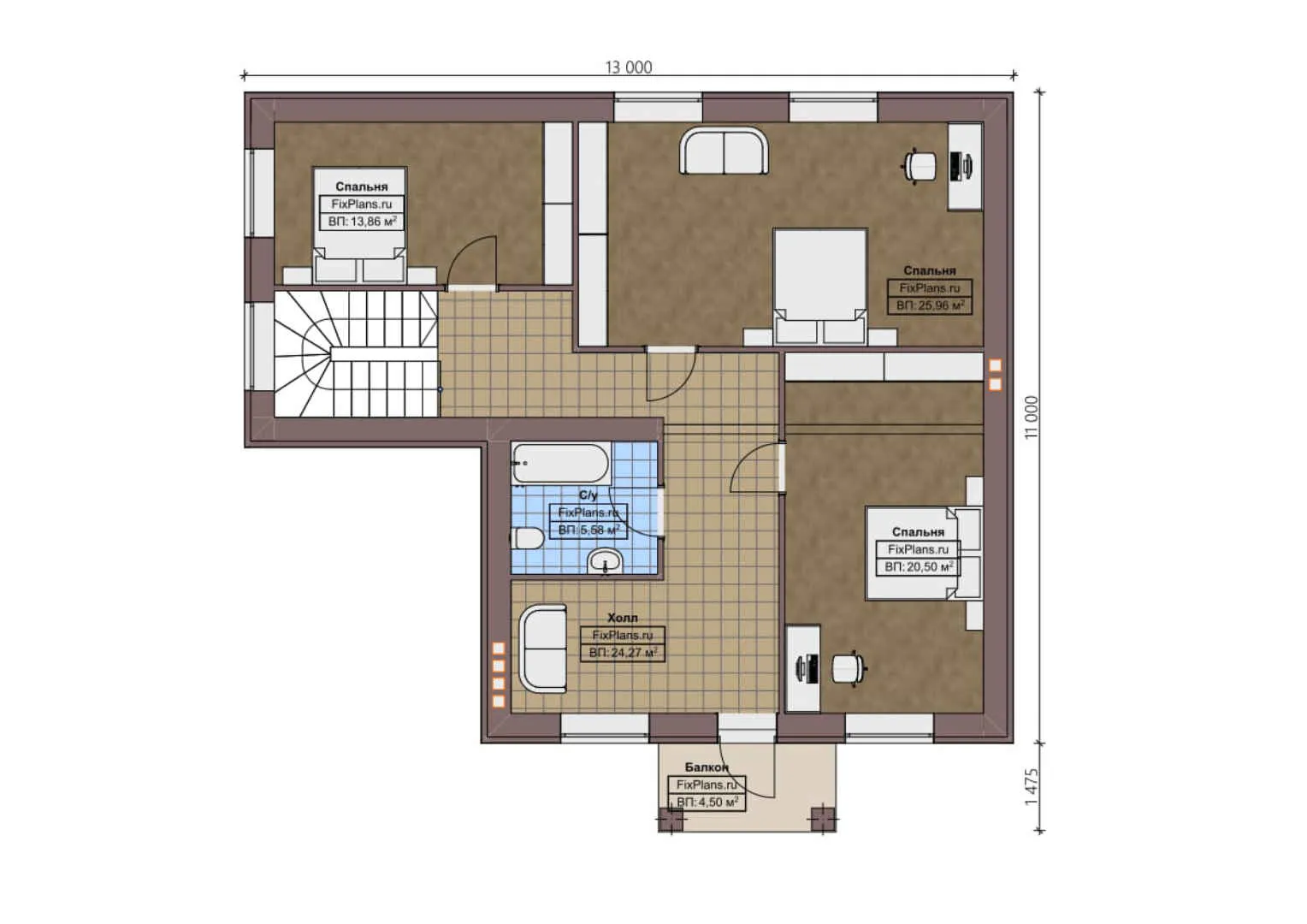 F-3752 - Планы дома с мансардой 11 на 13, площадью 190 м² с балконом и 4 спальнями